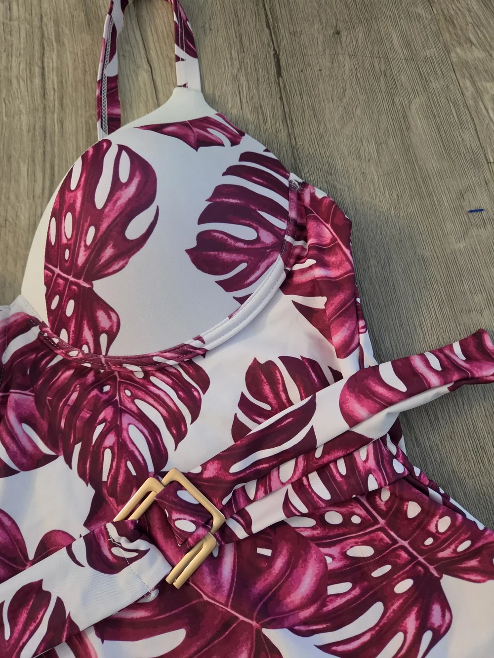 Girls' White One-Piece Swimsuit with Pink Leaf Print